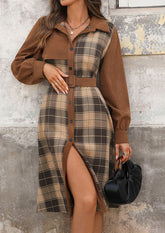 Retro Plaid Corduroy Patchwork Midi Dress with Belt